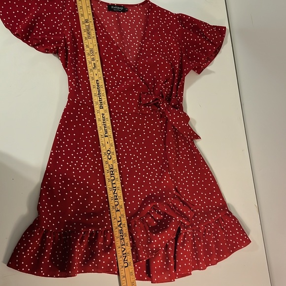 Relipop Women’s Wrap with Ruffle Hem Mini Red with white polka dot Dress - Picture 11 of 13
